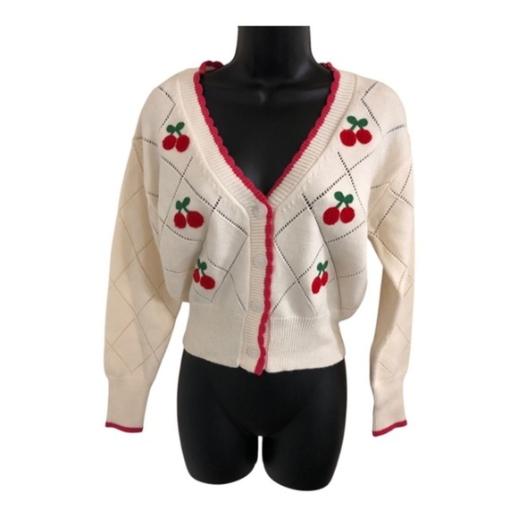 Jessica Simpson cream & pink scalloped trim cherry diamond pattern cardigan sz M - Picture 1 of 17